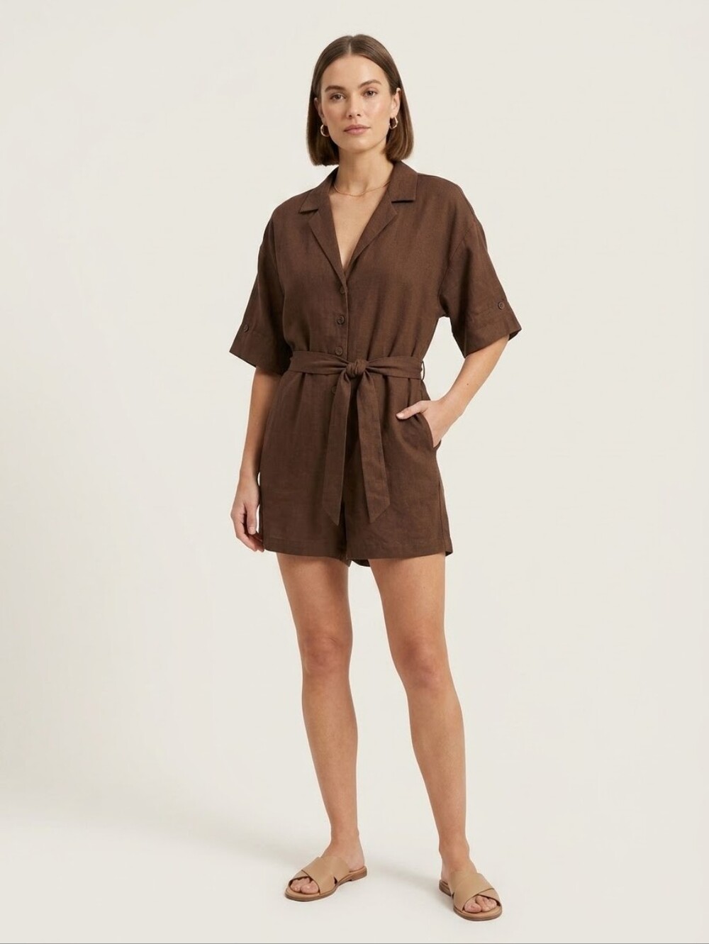 Rhythm Vacay Short Sleeve Belted Romper Chocolate Brown Size L Ramie Rayon